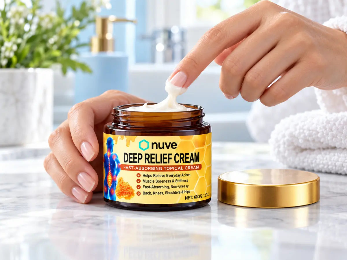 Taking a small amount of Nuve Deep Relief Cream from the jar