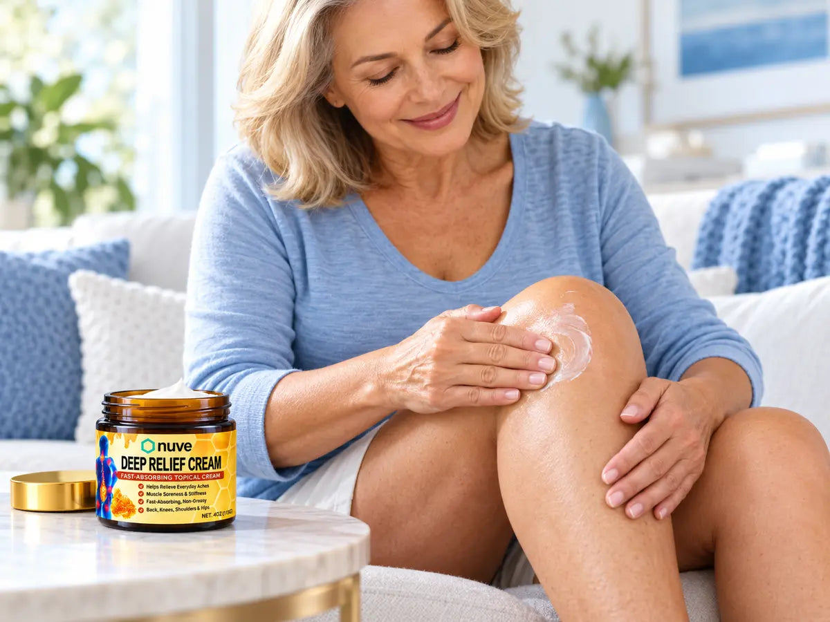 Massaging Nuve Deep Relief Cream into the knee