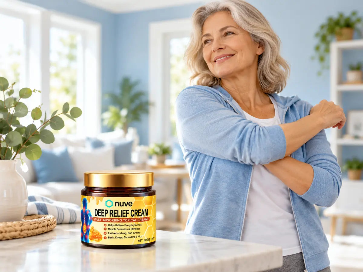 A customer continuing her daily comfort routine with Nuve Deep Relief Cream
